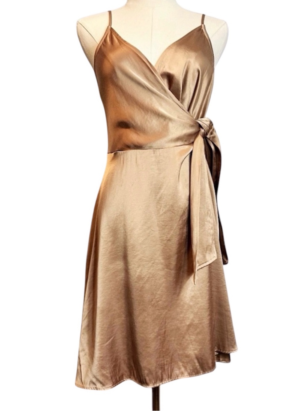 Express Gold Tan Satin Faux Wrap Satin Feel Dress FLAWS READ